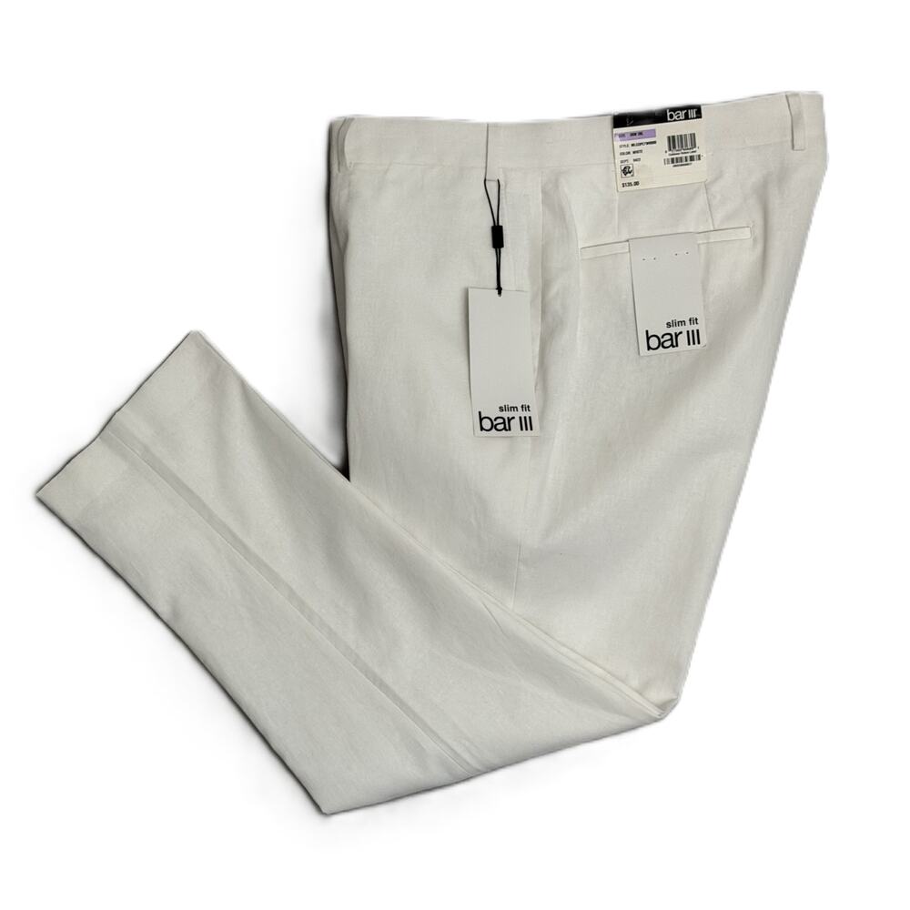 Bar III Dress Pants Men's 38"x30" Slim Fit Flat Front Linen Blend White NEW
